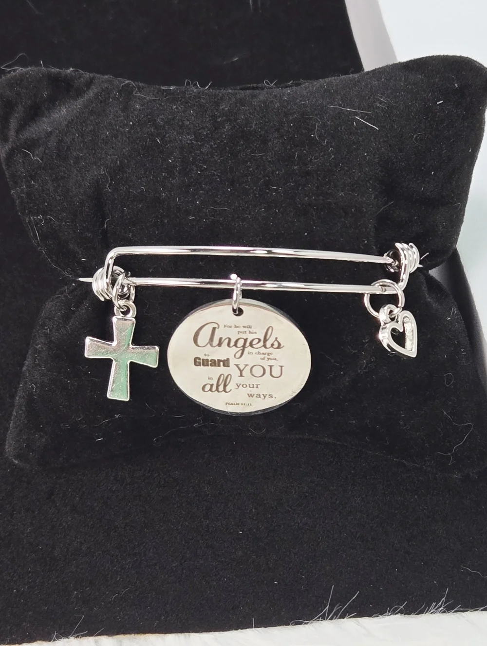 Guardian Angel Scripture Bangle Bracelet Cross Heart Christian Inspirational